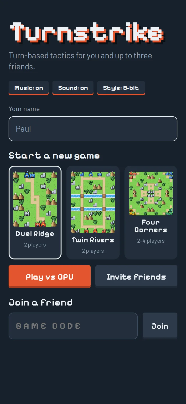 Turnstrike home screen with three maps to choose from and a Play vs CPU button